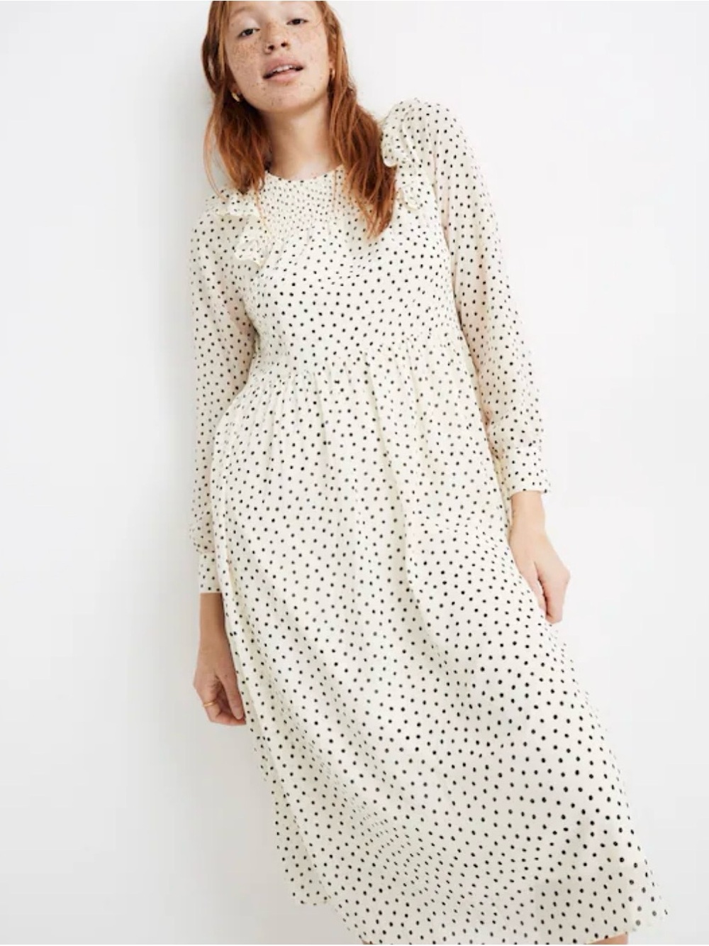 Madewell Smocked Ruffle-shoulder Midi Dress In Inkbrush Dots
